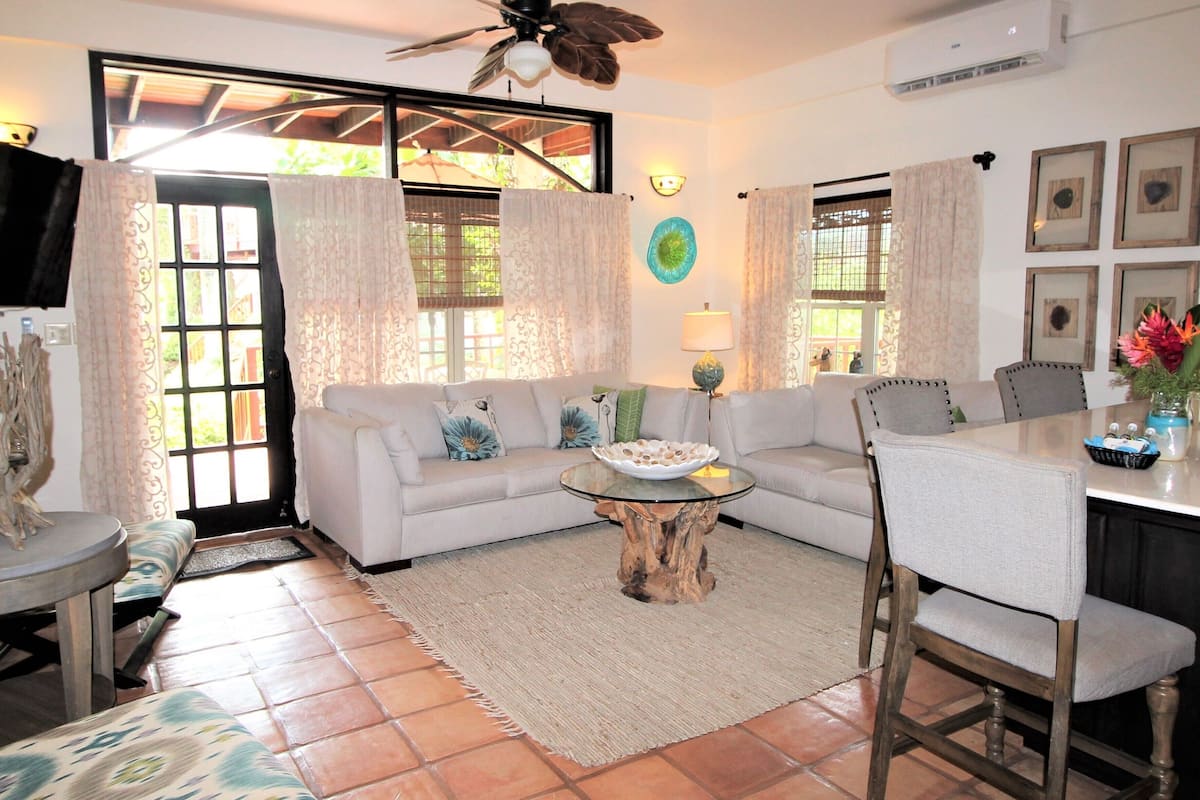 Villa de lujo, 1 habitación, vista parcial al océano (Ground Floor) | Área de sala de estar | Televisión de pantalla plana, reproductor de DVD, libros y videoteca