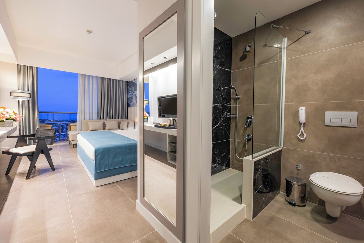 Una habitación de hotel moderna con cama, escritorio, silla, televisor, ducha y váter.