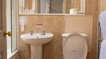 A bathroom with a sink, toilet, and mirror.