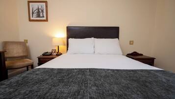 A hotel room with a large bed, a chair, a nightstand with a lamp, and a framed picture on the wall.