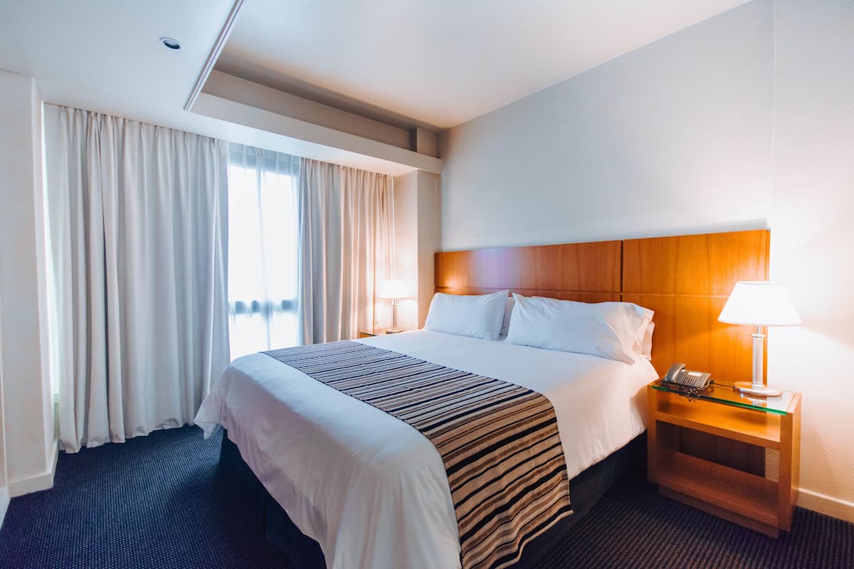 A hotel room with a large bed, a nightstand with a lamp, and a view of the outdoors through the window.