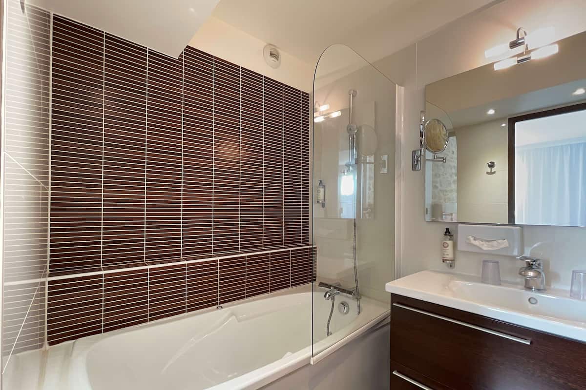 deluxe room, 1 queen bed, non smoking | bathroom | shower, eco-friendly toiletries, hair dryer, towels