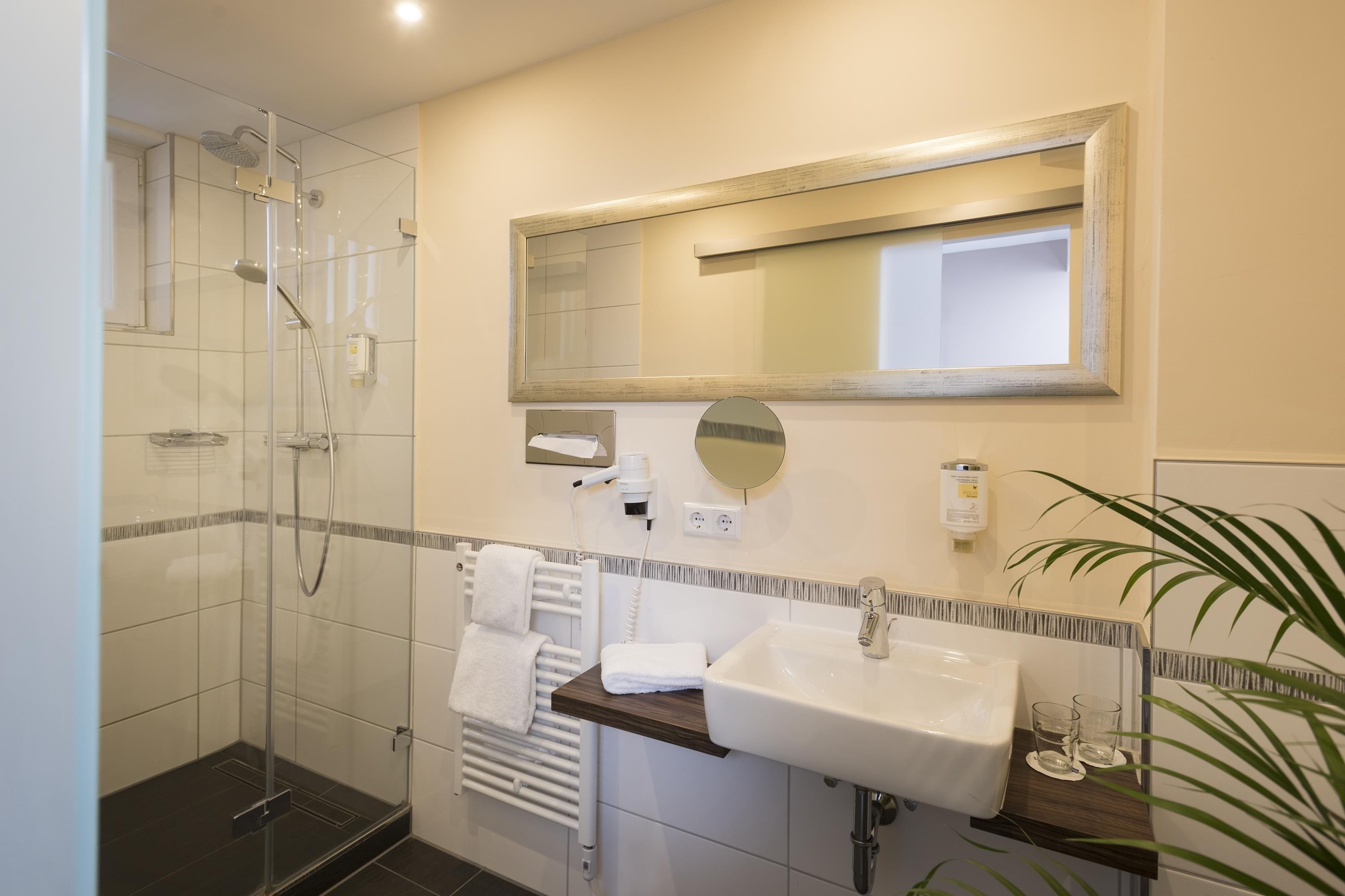 A modern bathroom with a glass-enclosed shower, a white sink, and a mirror above it.