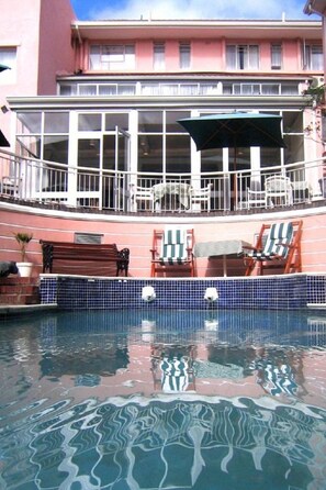 Outdoor pool, pool umbrellas, pool loungers