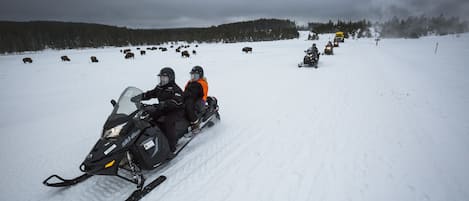 A snowmobile with two riders on a snowy path.