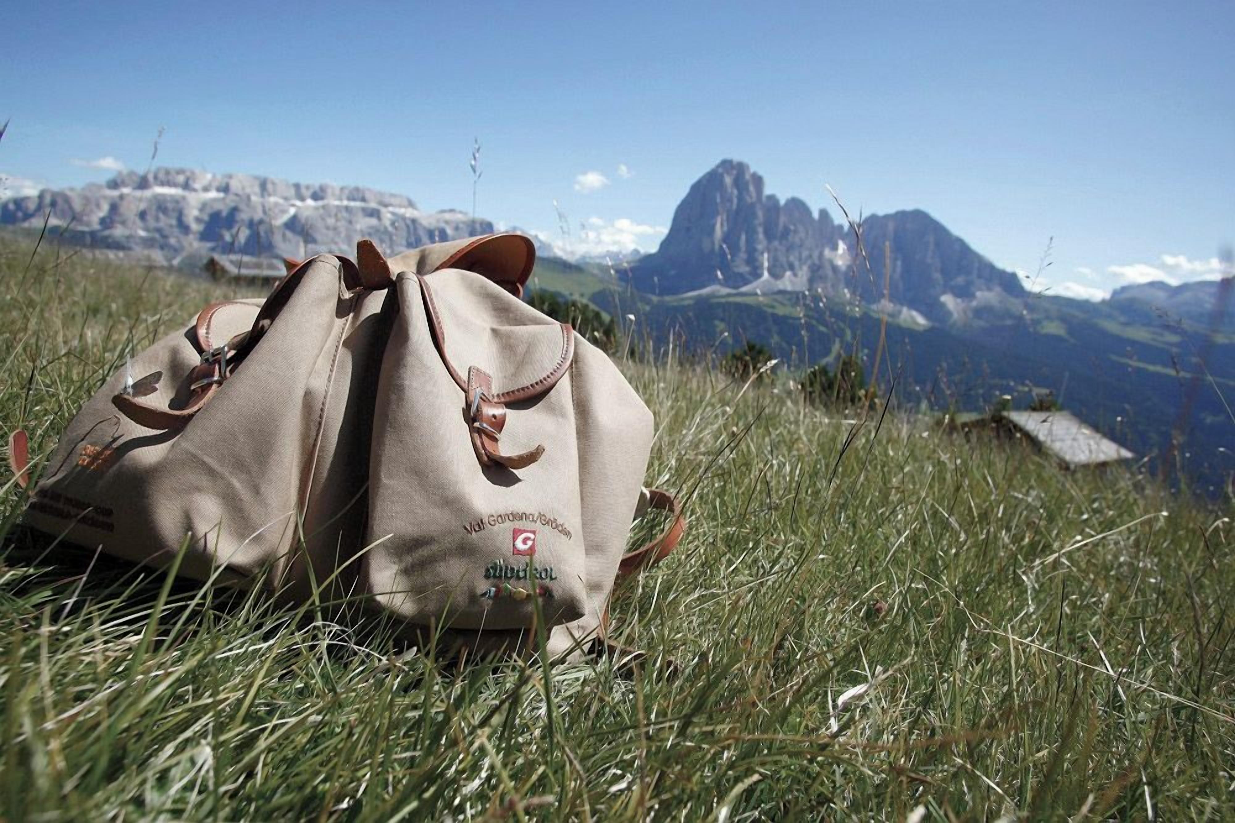 A bag on grass with mountains in the background.