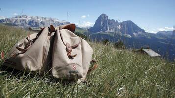 Una bolsa sobre césped con montañas al fondo.
