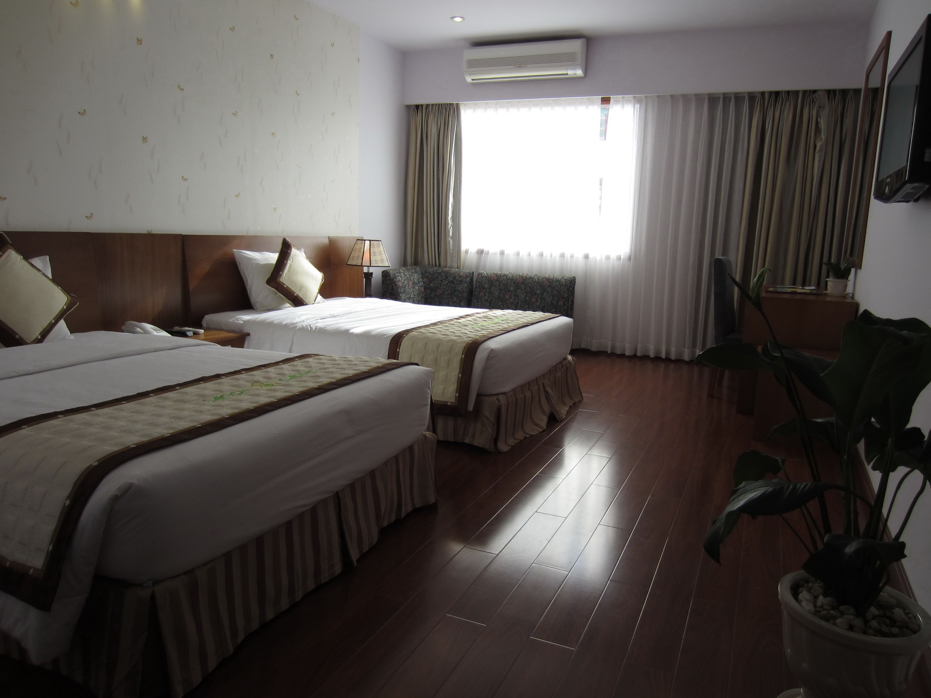 A hotel room with two beds, a large window with curtains, a potted plant, and a flat-screen TV on the wall.