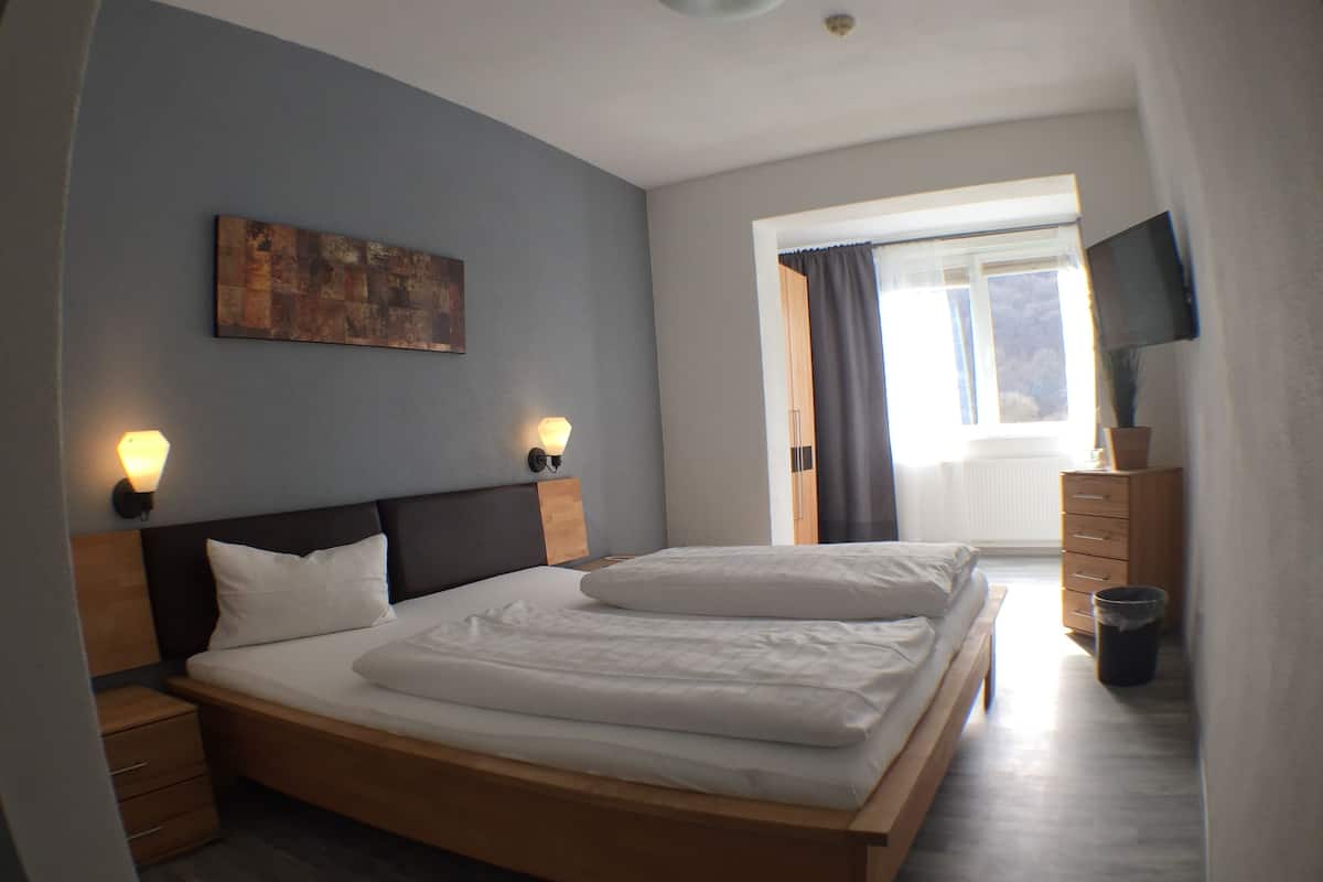 Une chambre d’hôtel avec un grand lit, deux tables de chevet, un téléviseur fixé au mur et une fenêtre avec des rideaux.