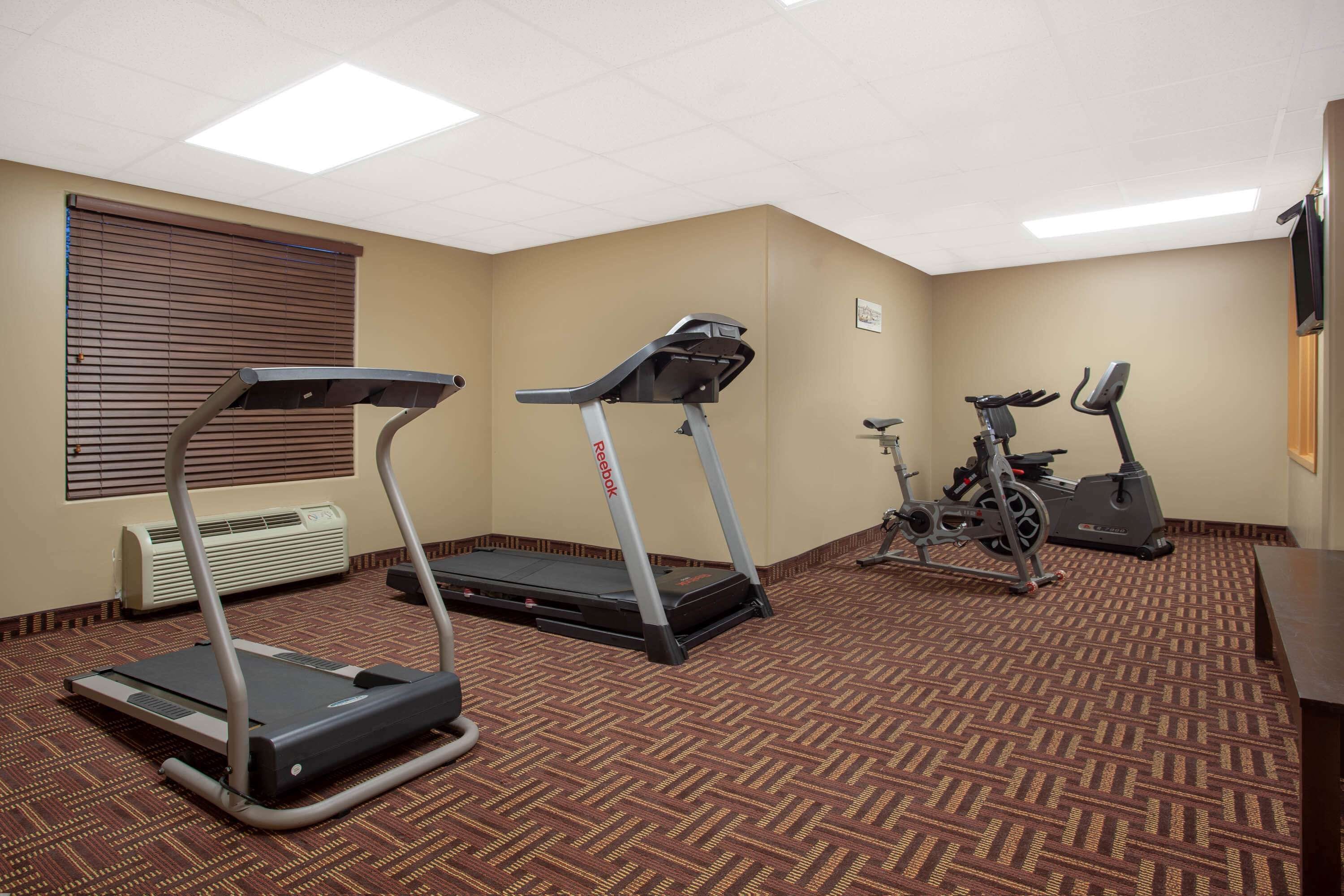 A fitness room with treadmills, an elliptical, and a stationary bike.