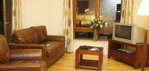 디럭스 아파트, 침실 2개 | 거실 공간 | 평면 TV, DVD 플레이어