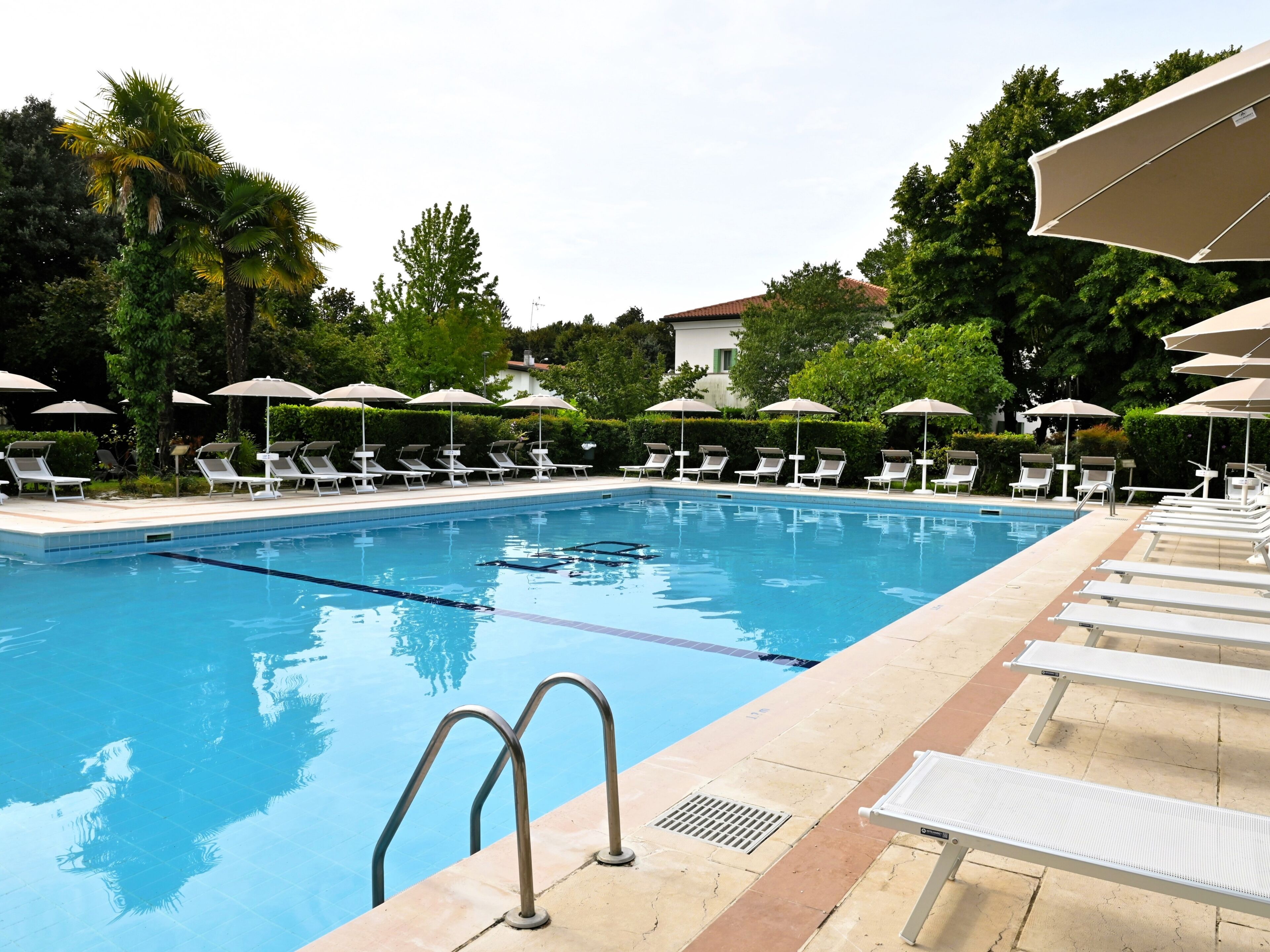 Una piscina con sillas de descanso y sombrillas, rodeada de follaje.