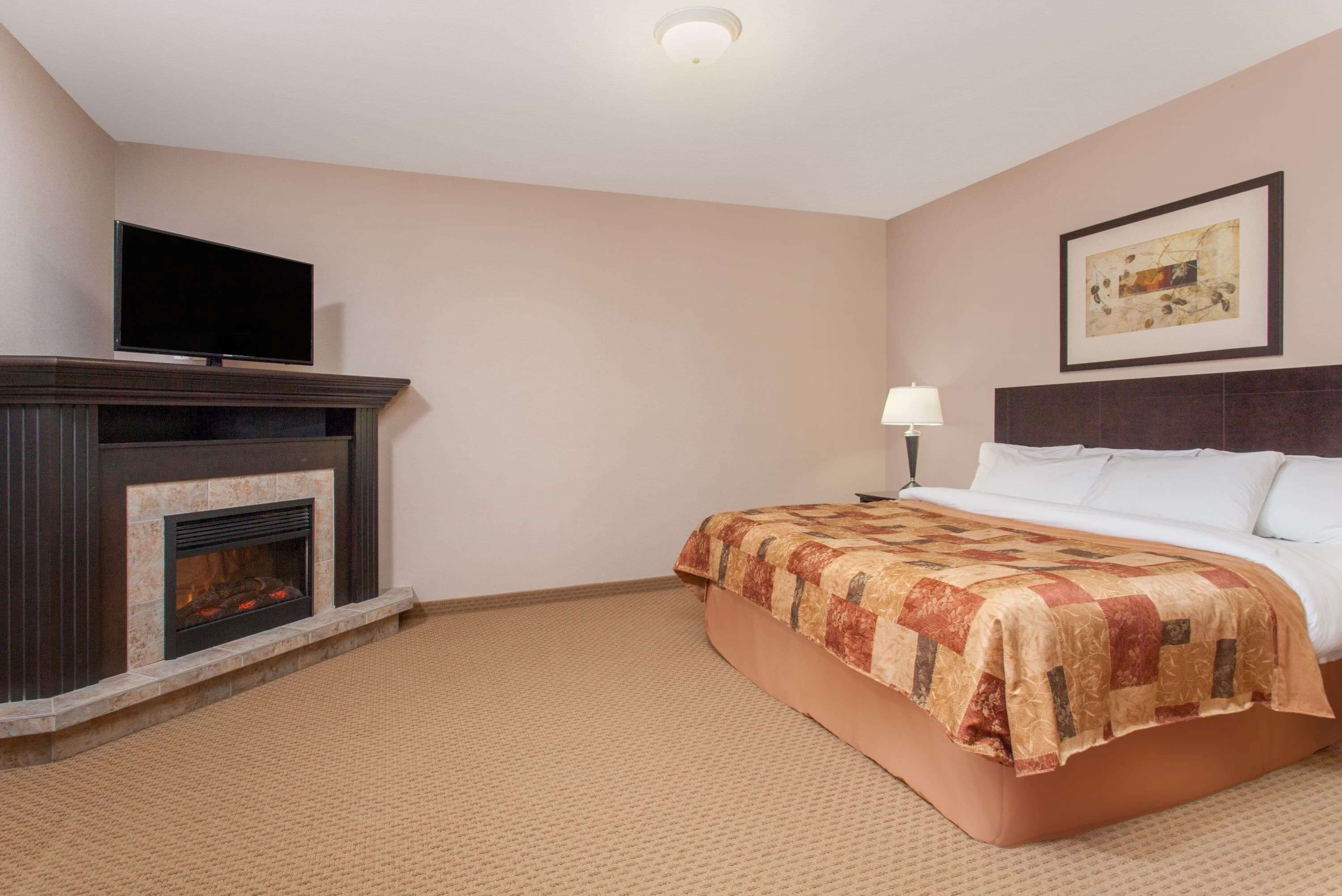 A hotel room with a bed, a fireplace, a television, and a framed picture on the wall.