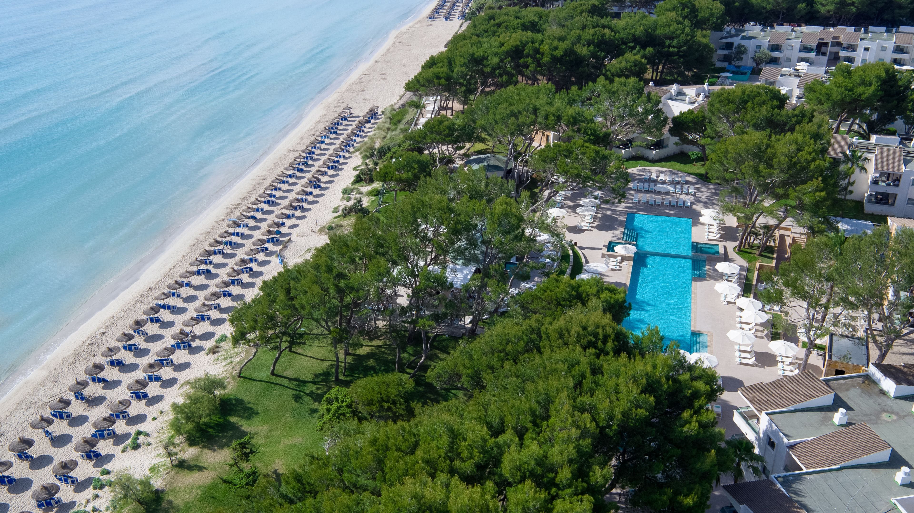 Vue aérienne d’un complexe hôtelier en bord de mer, avec une piscine, des parasols et des chaises longues.