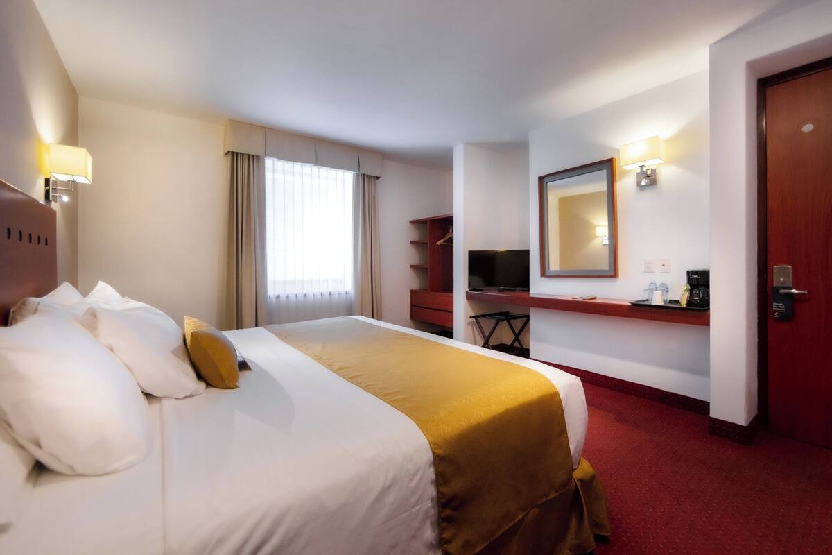 A hotel room with a large bed, a TV, a desk with a mirror, and a red carpet.