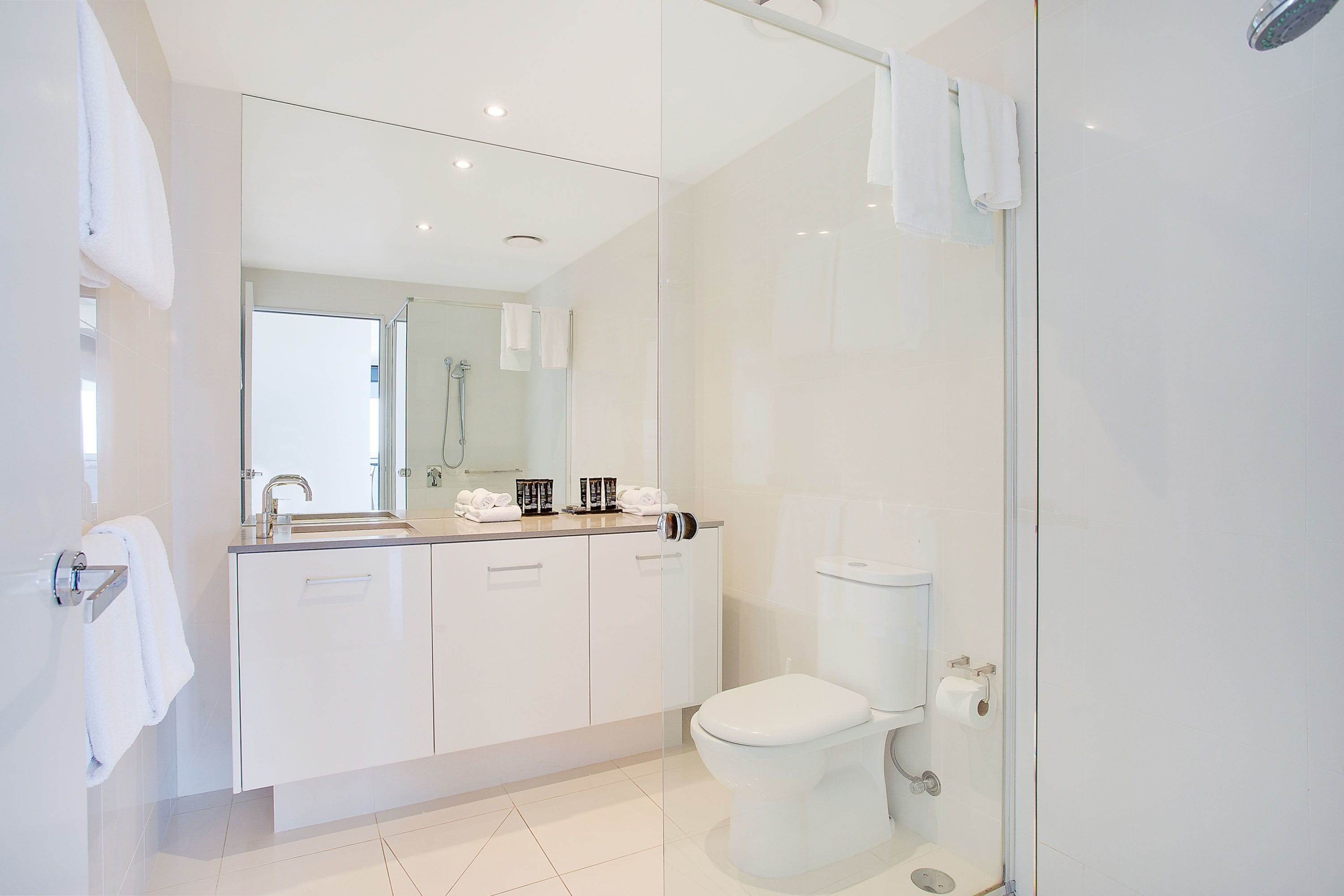 A modern bathroom with a glass shower enclosure, a white toilet, and a sink with a mirror above it.