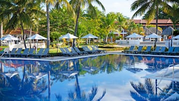 Outdoor pool, pool umbrellas, pool loungers