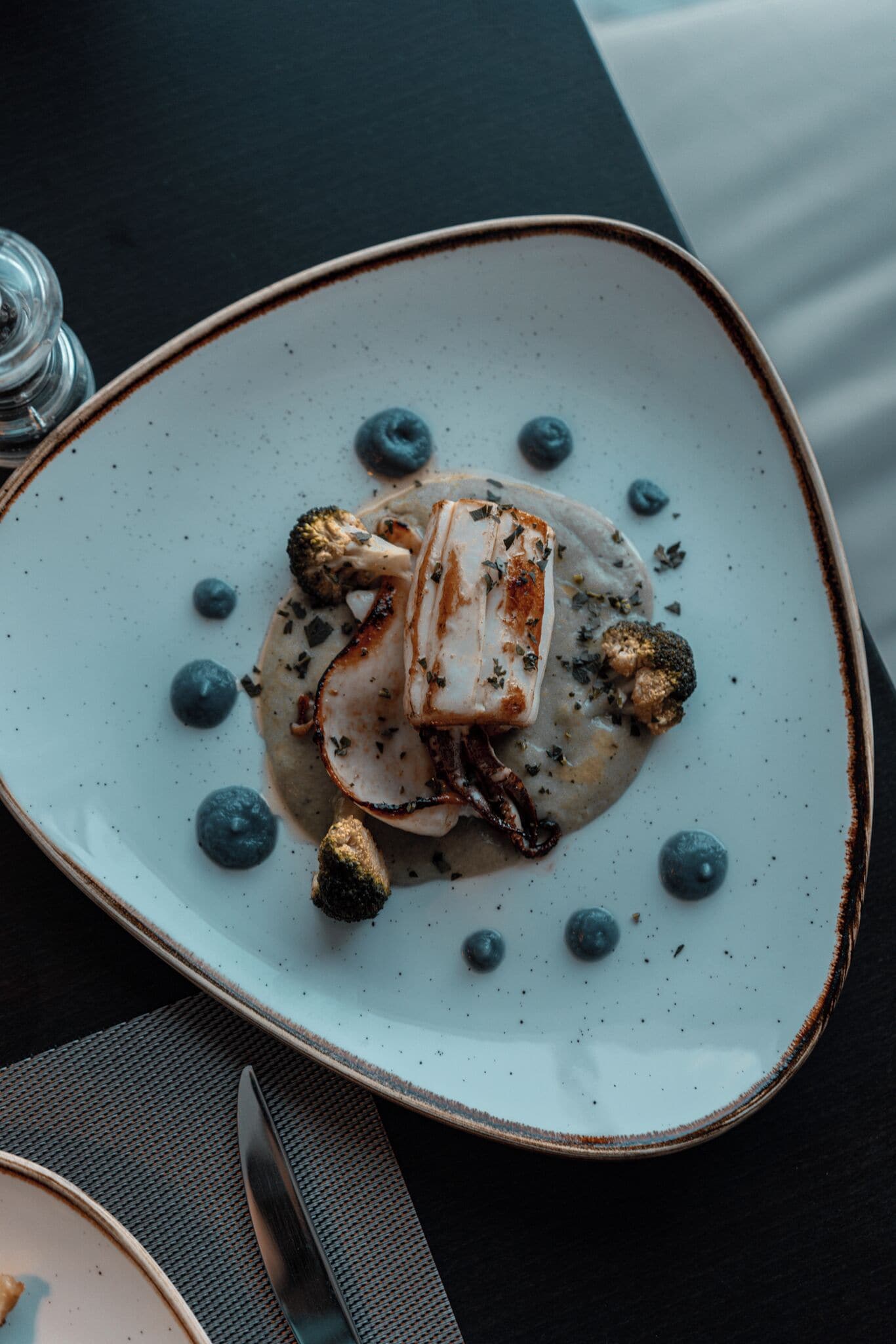 Une assiette de nourriture contenant un morceau de poisson, des brocolis et des myrtilles, le tout présenté sur une assiette en céramique.