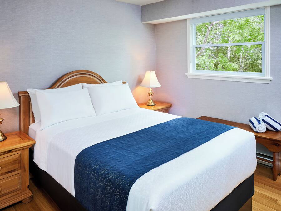 A neatly made bed with a blue and white bedspread, two bedside lamps, and a window with a view of trees.