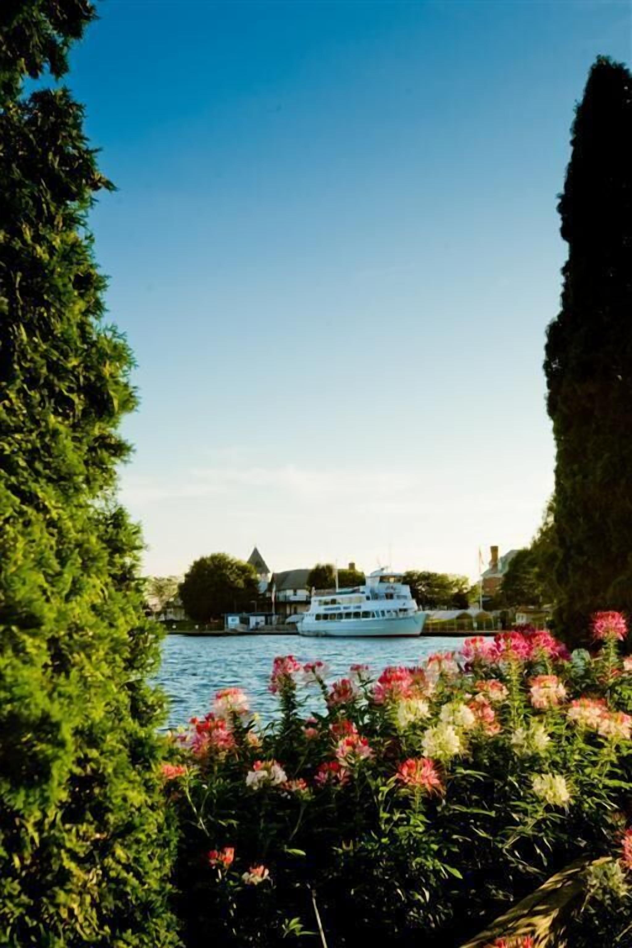 Un río con una barca, rodeado de follaje y flores.