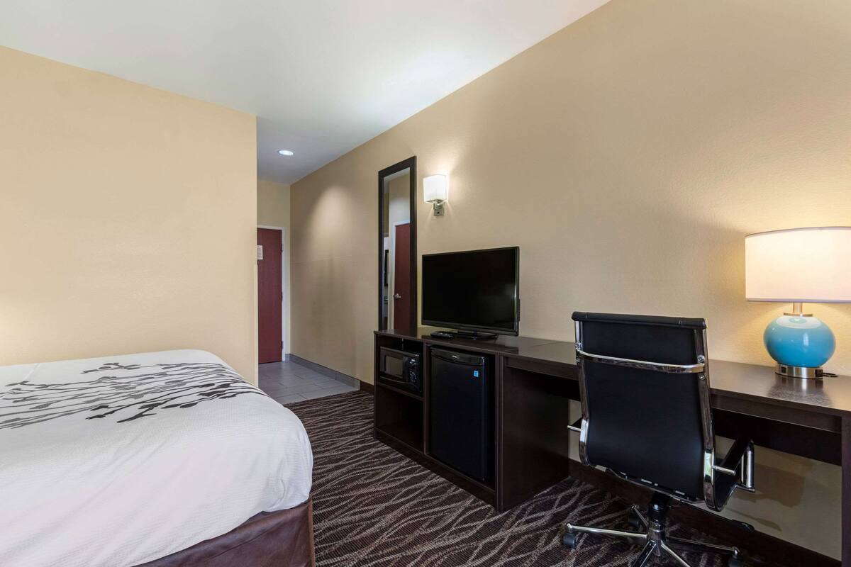 A hotel room with a bed, a desk with a computer, a television, and a lamp.