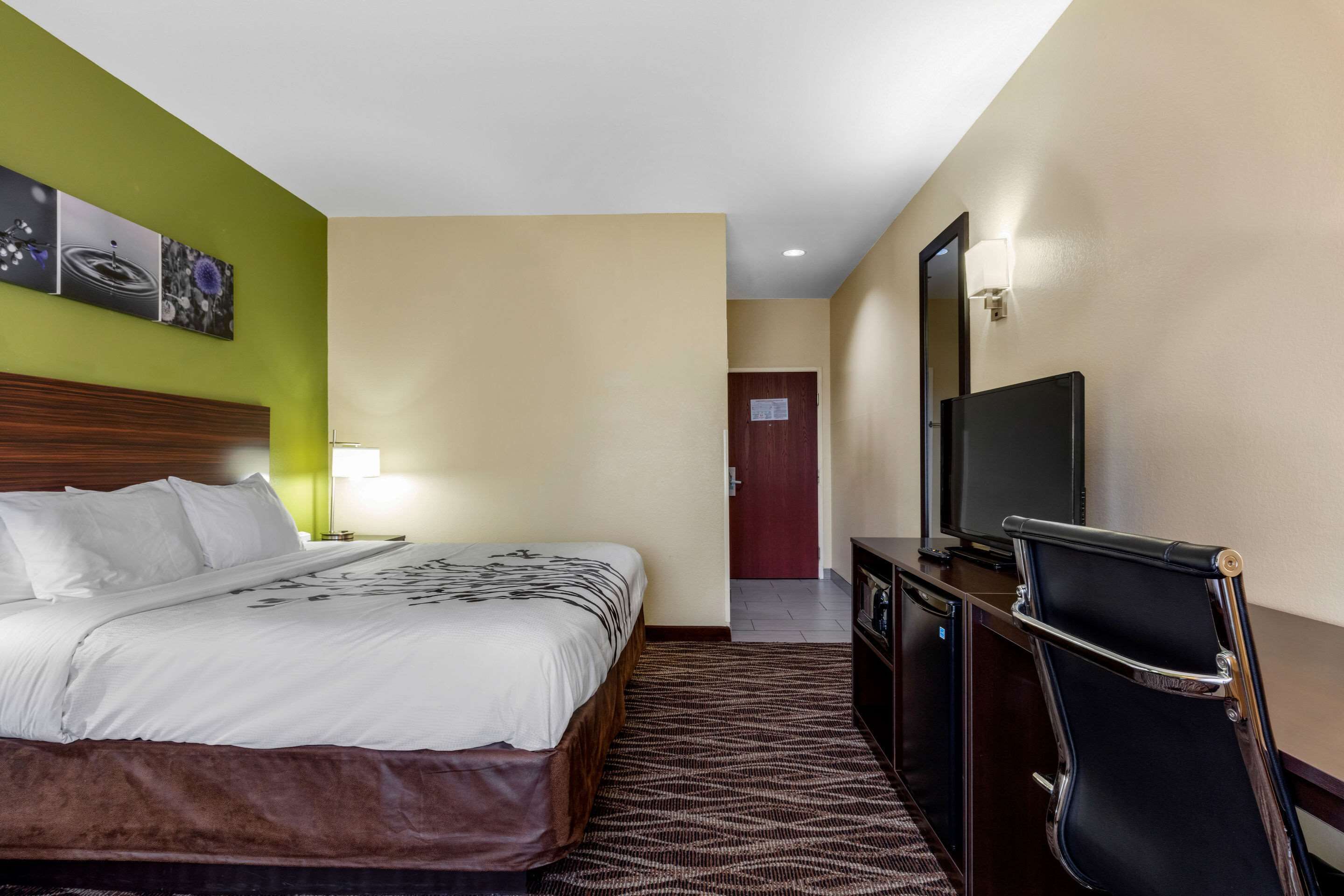 A hotel room with a bed, a desk with a chair, a television, and a door in the background.