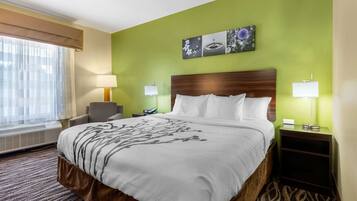 Desk, laptop workspace, blackout curtains, iron/ironing board