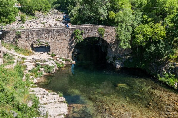 A stone bridge over a clear river with a small tunnel entrance, surrounded by greenery.