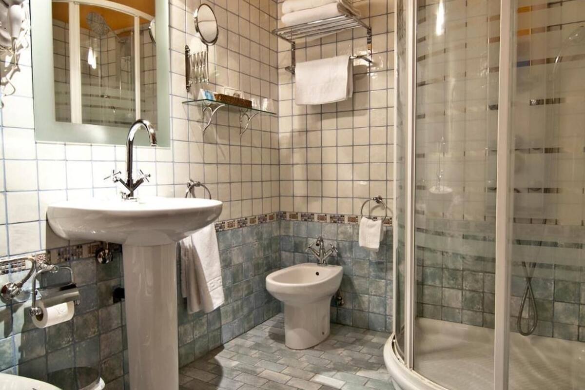 shower, free toiletries, hair dryer, towels