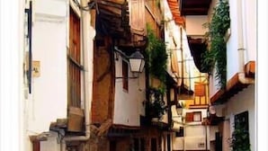 A narrow alleyway with buildings on either side, lined with potted plants and featuring a rustic, traditional architectural style. - Hotel Rural Spa Don Juan De Austria (Jarandilla de la Vera)