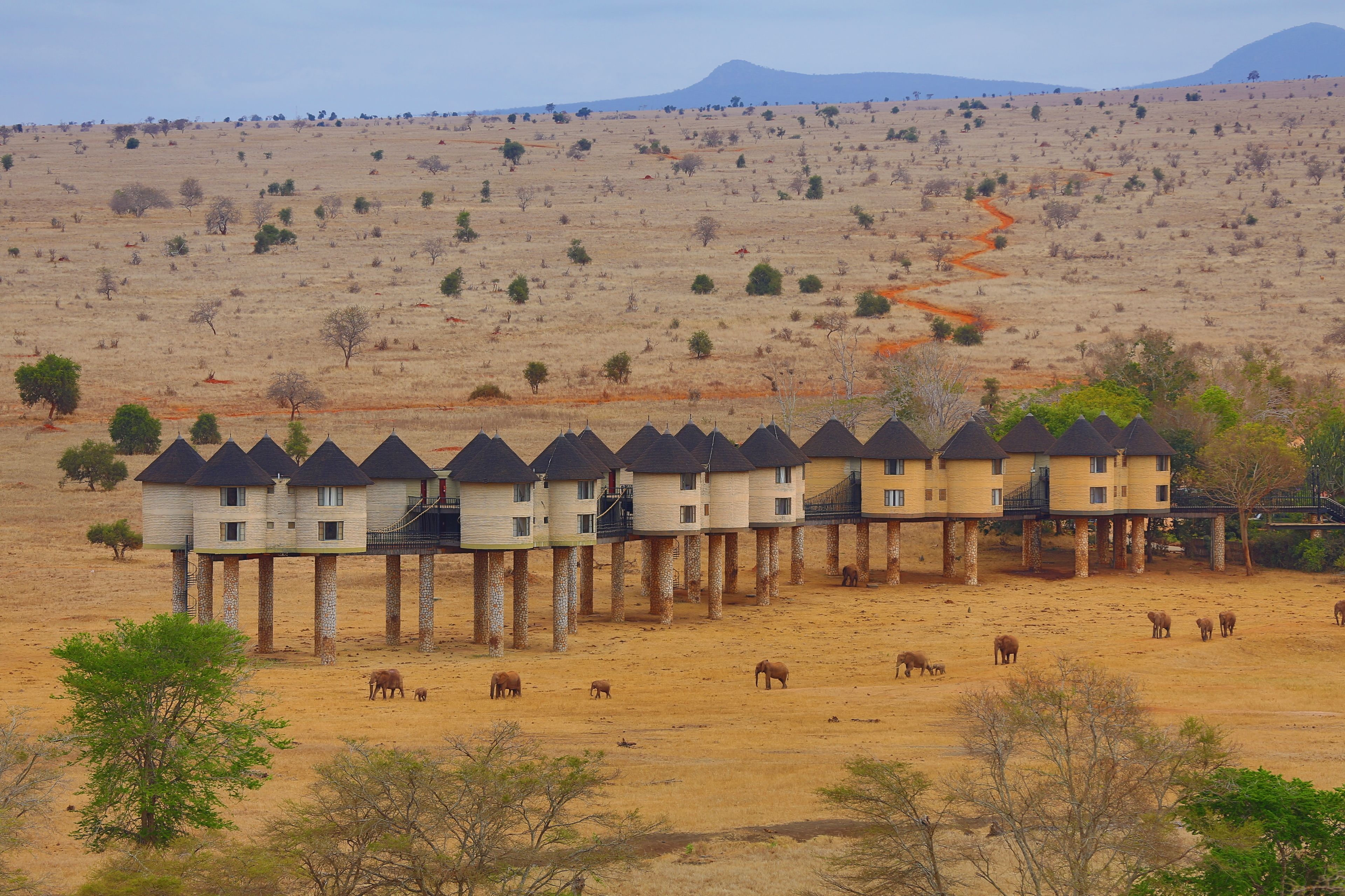 A series of elevated houses with multiple levels, supported by pillars, in a dry, open landscape with scattered trees and a distant mountain range.