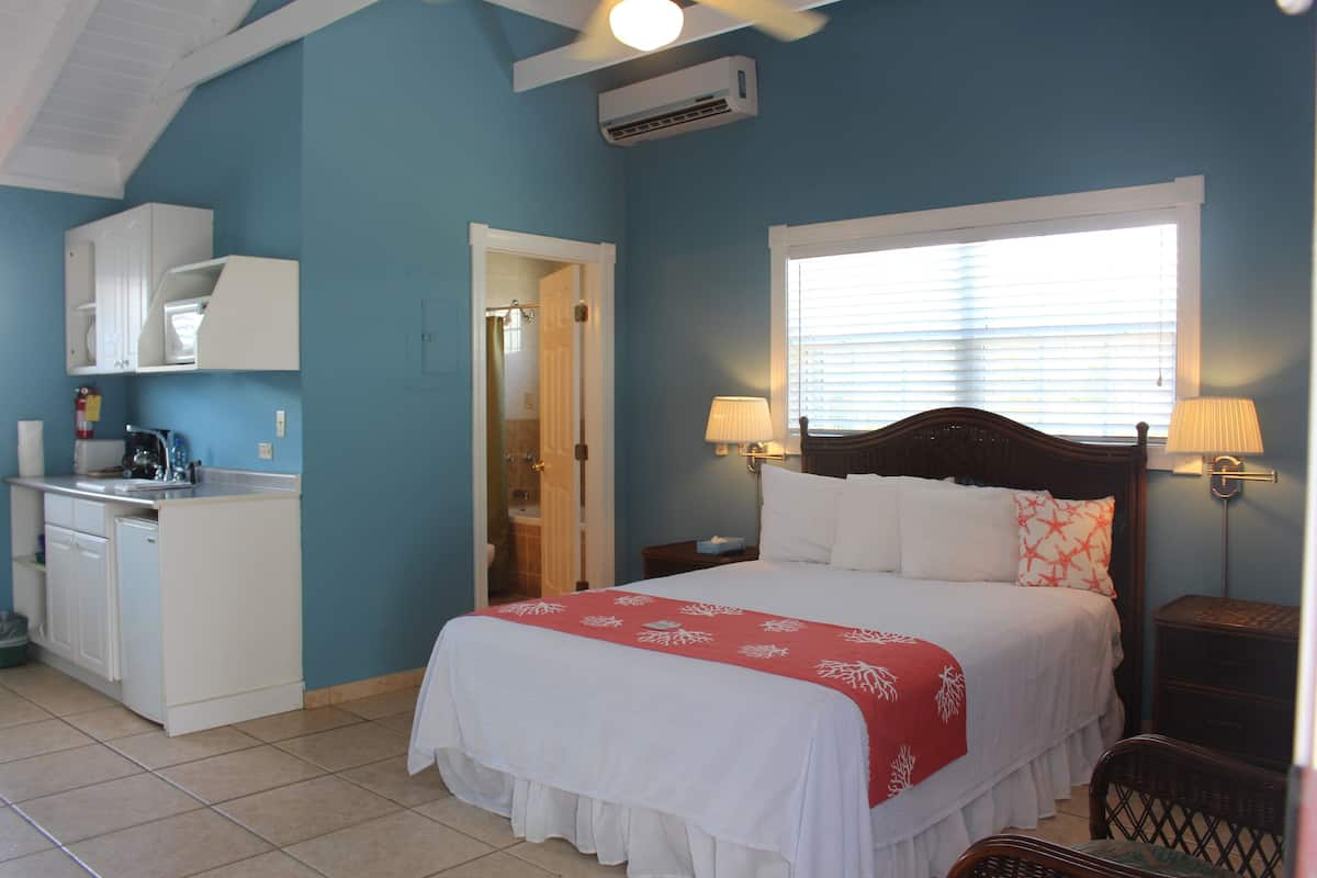 Suite estudio Deluxe, 1 cama King size, vista al jardín, junto a la playa | 1 habitación, ropa de cama de alta calidad y camas con pillow-top