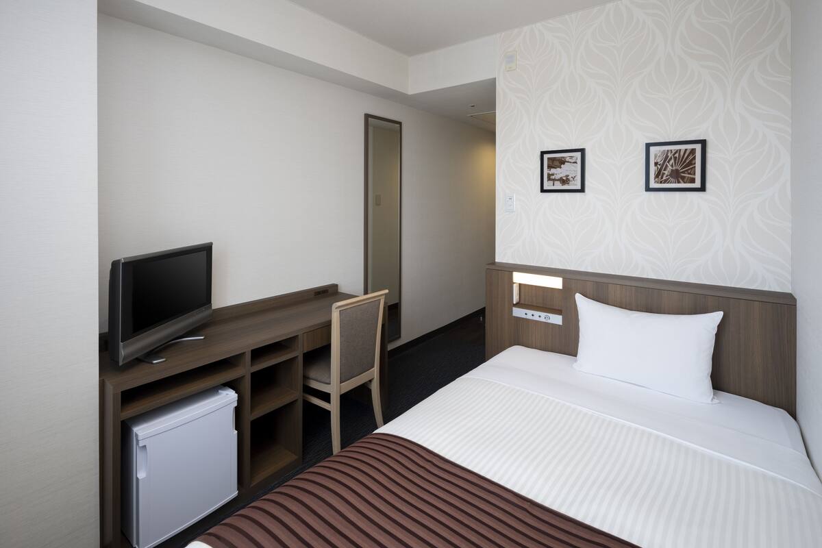 A hotel room with a bed, a TV, a desk, and a small fridge.