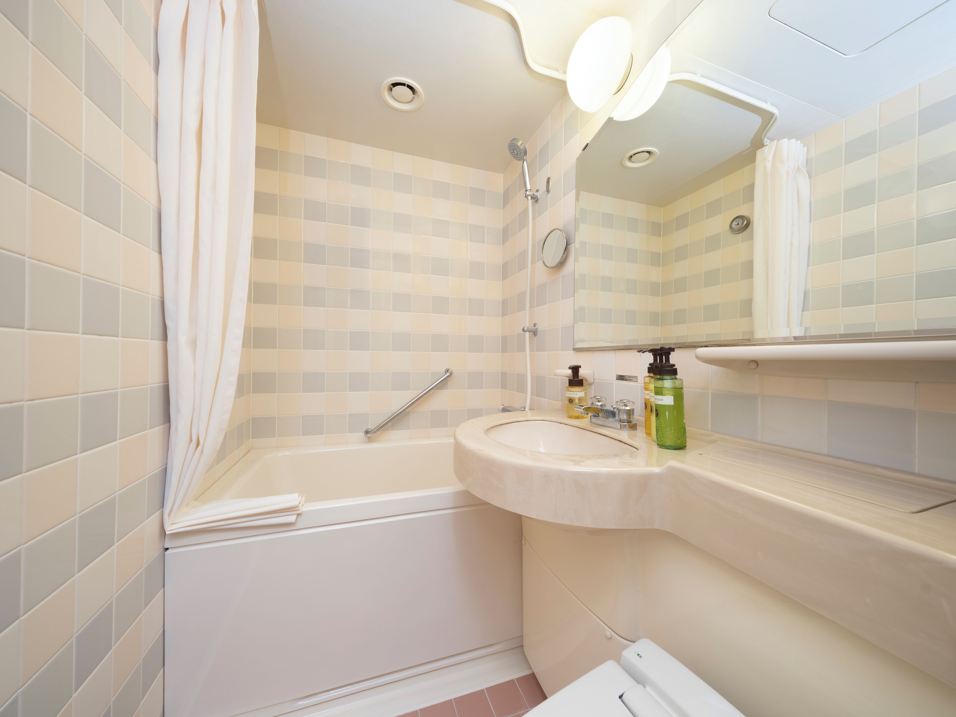 combined shower/bathtub, free toiletries, hair dryer, slippers