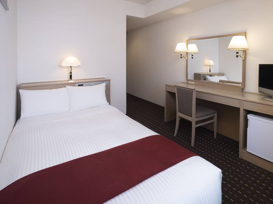 A hotel room with a bed, a desk, a chair, a television, and a mirror.