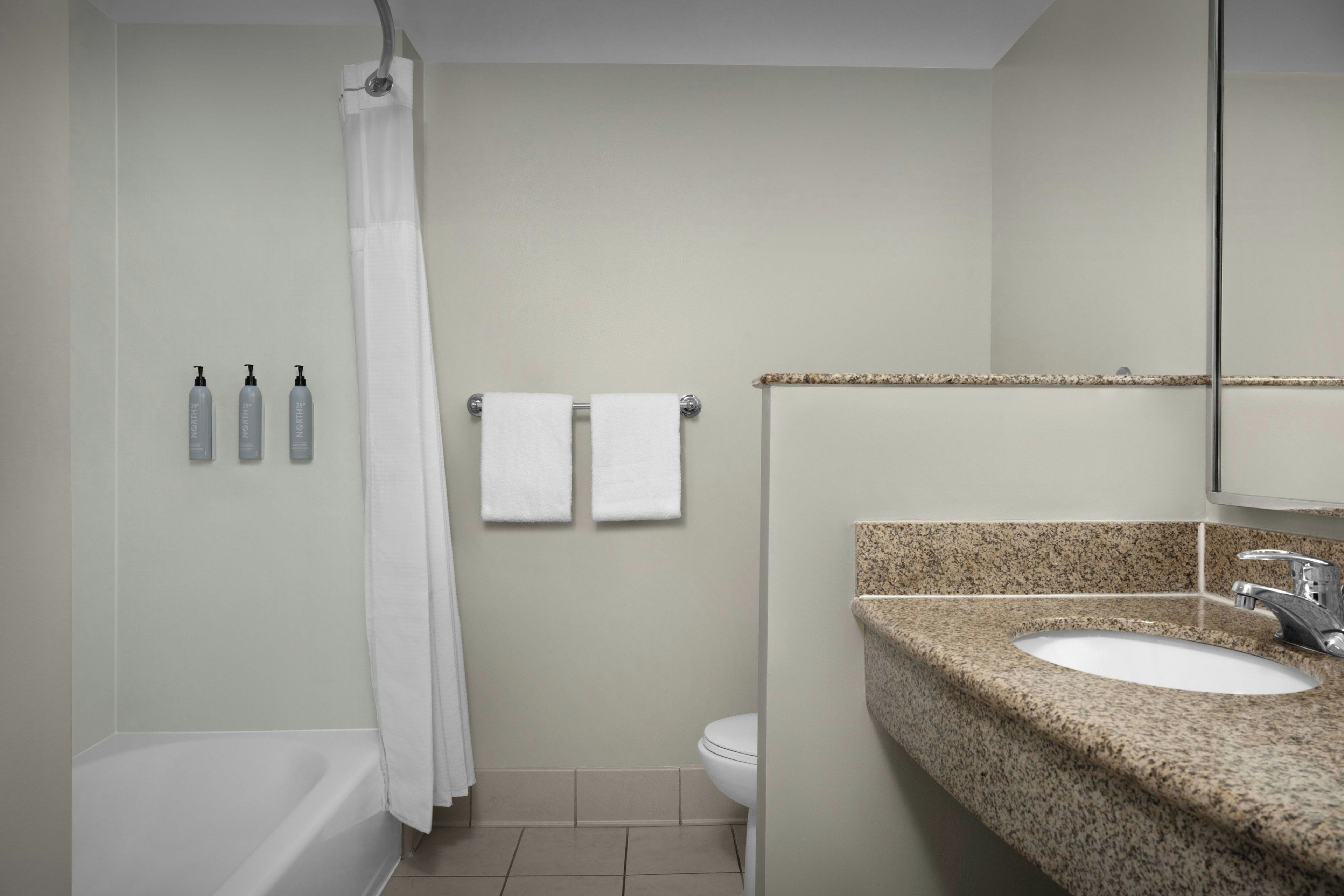 A bathroom with a bathtub, a toilet, and a sink with a granite countertop.