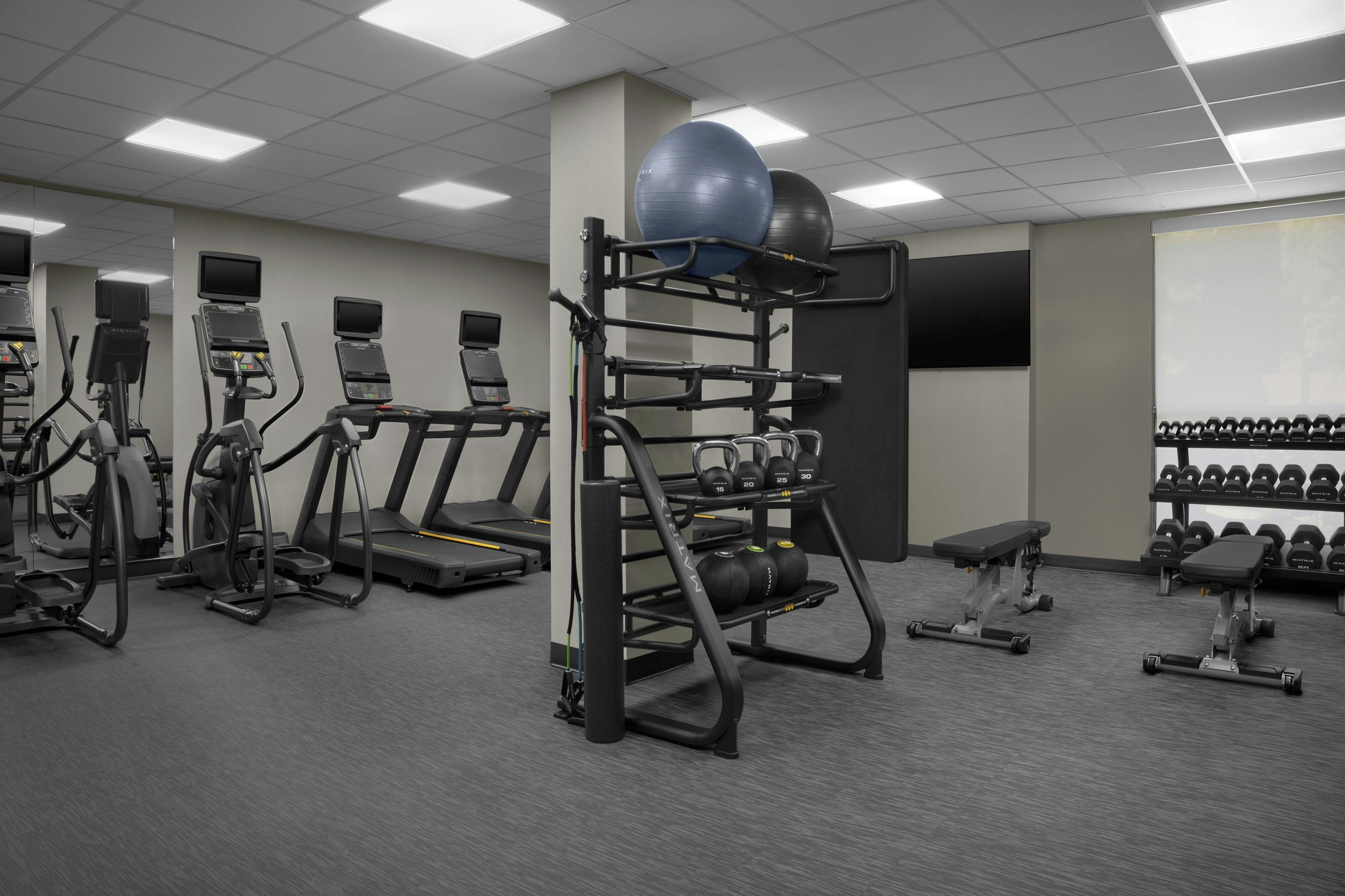 A gym with treadmills, exercise balls, and weight machines.