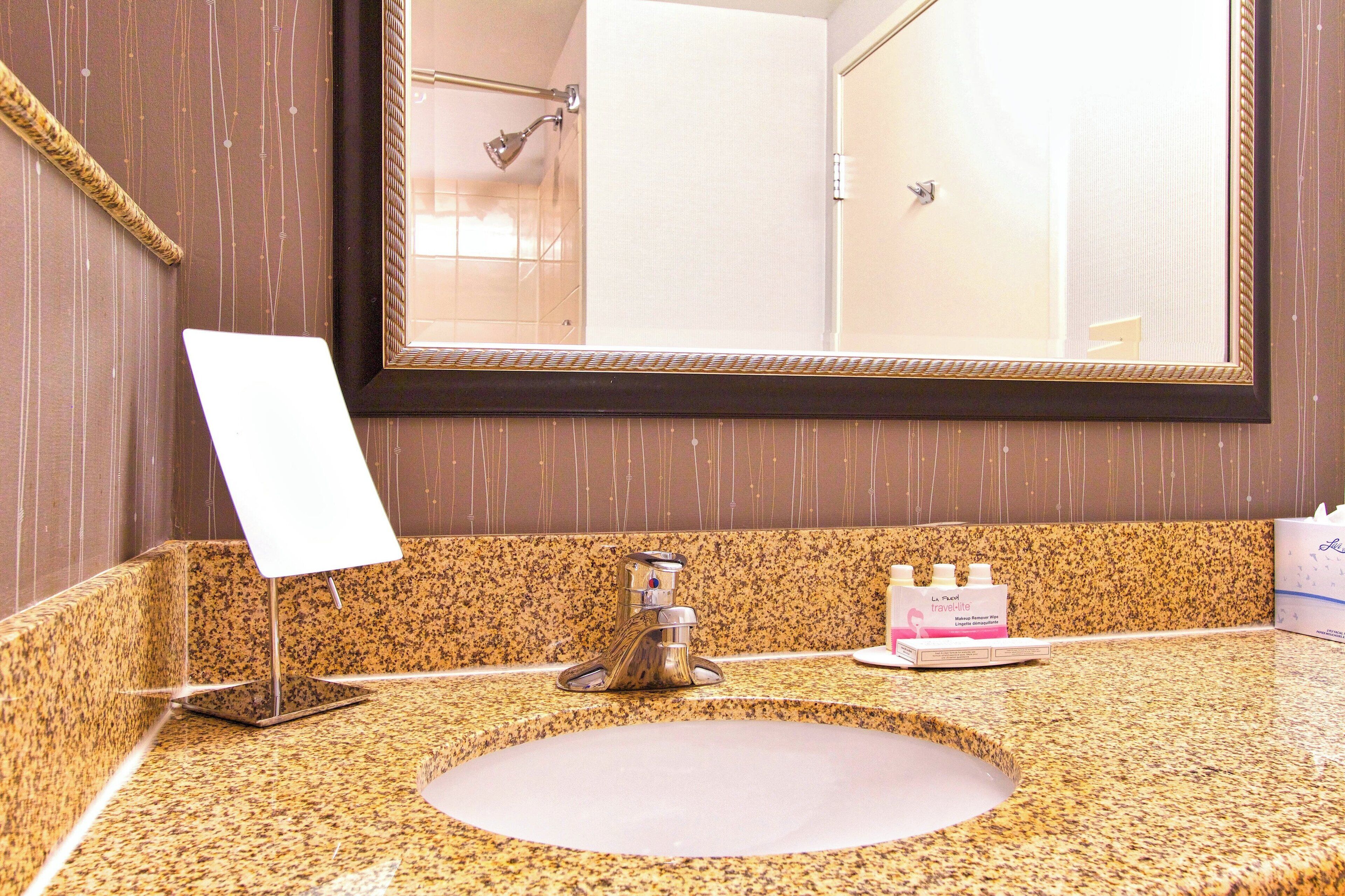 combined shower/bathtub, free toiletries, hair dryer, towels