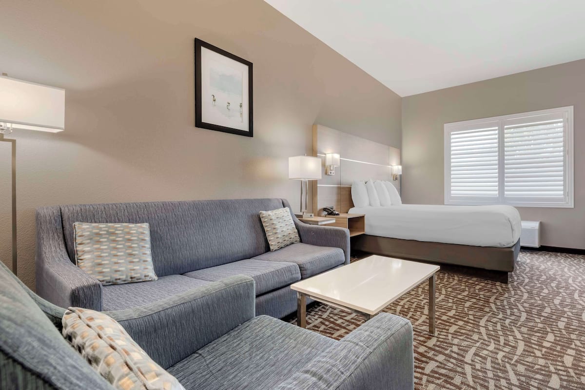 A hotel room with a grey sofa, a white bed, a small table, and a patterned carpet.