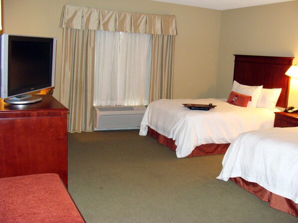 A hotel room with two beds, a television, an air conditioning unit, and a bedside lamp.