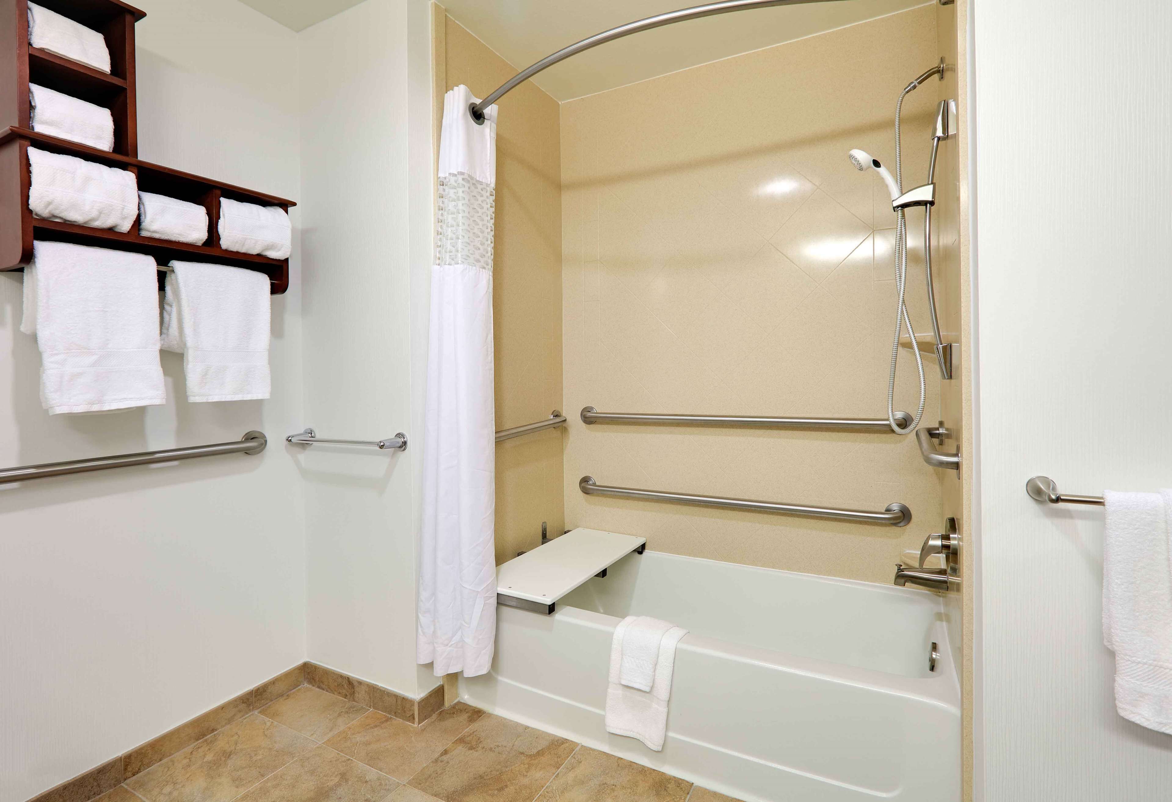 combined shower/bathtub, free toiletries, hair dryer, towels