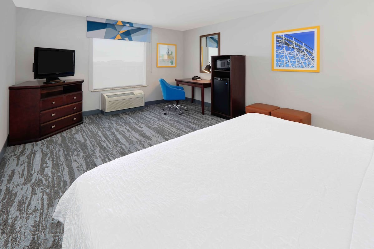 A hotel room with a bed, a desk with a chair, a television, a microwave, and a refrigerator.