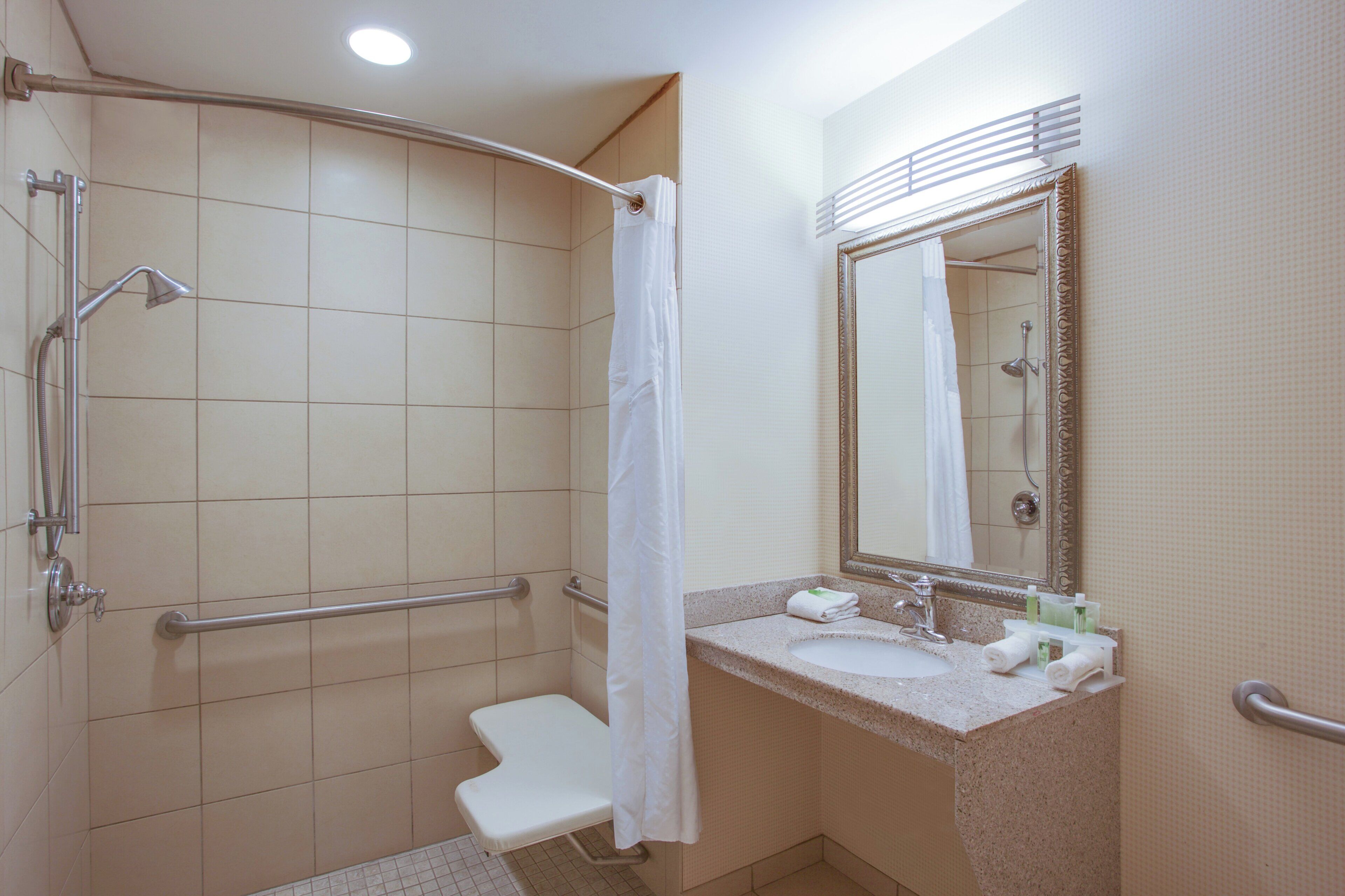 A bathroom with a shower, a toilet, a sink, and a mirror.