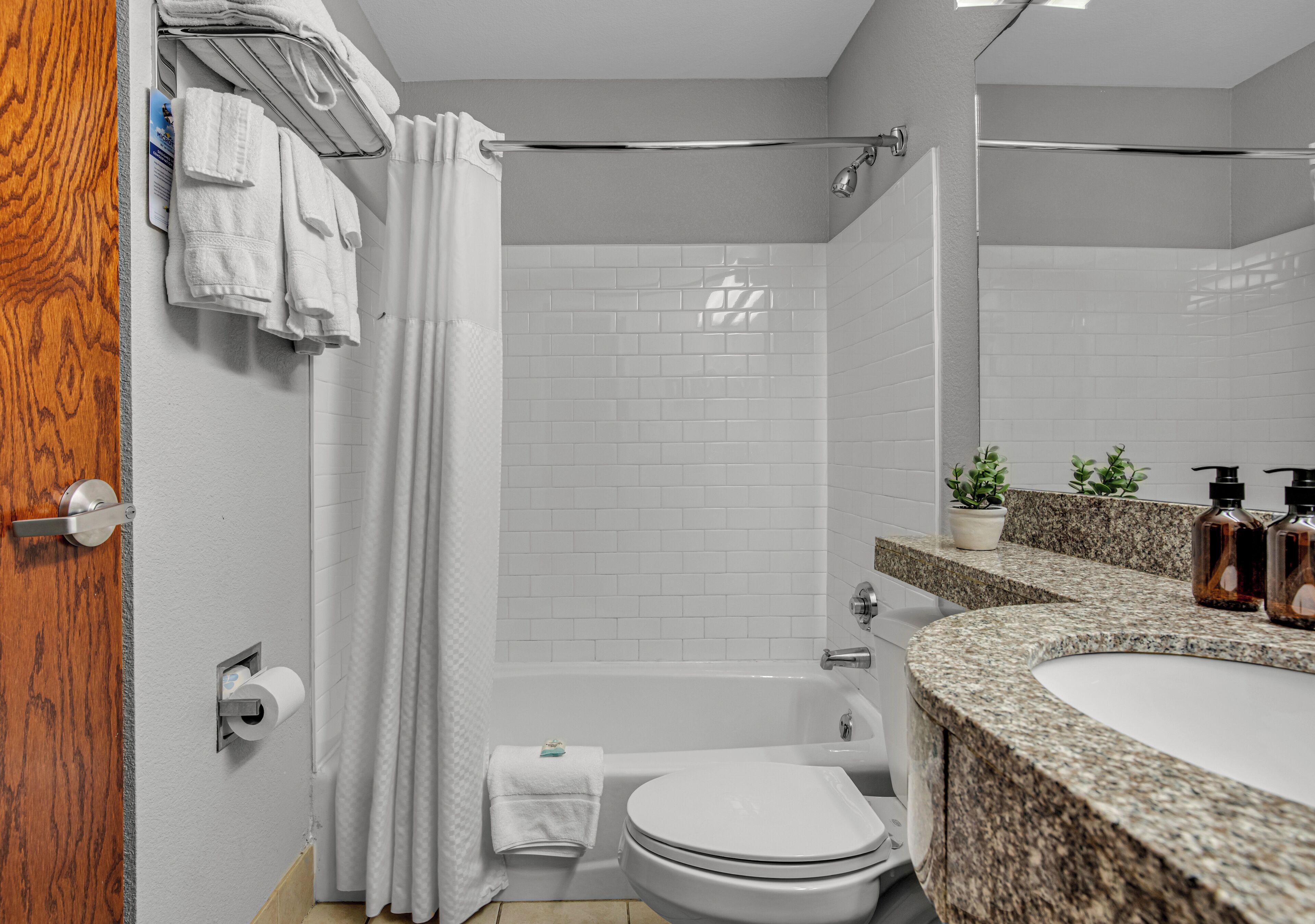 combined shower/bathtub, free toiletries, hair dryer, towels