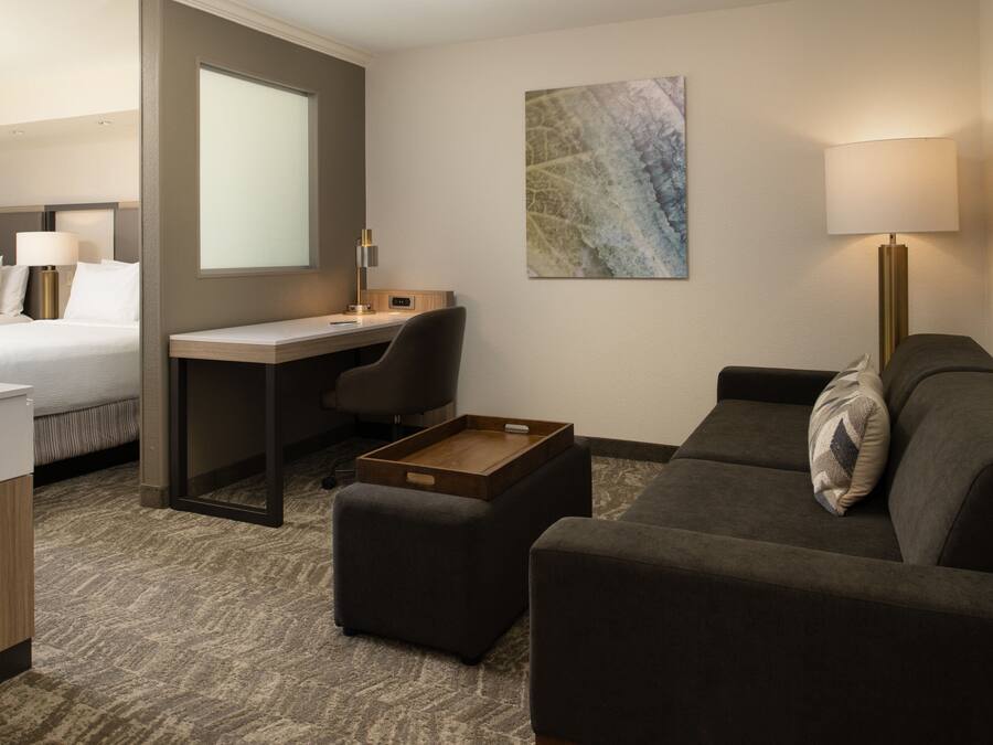 A hotel room with a bed, desk, chair, and sofa.
