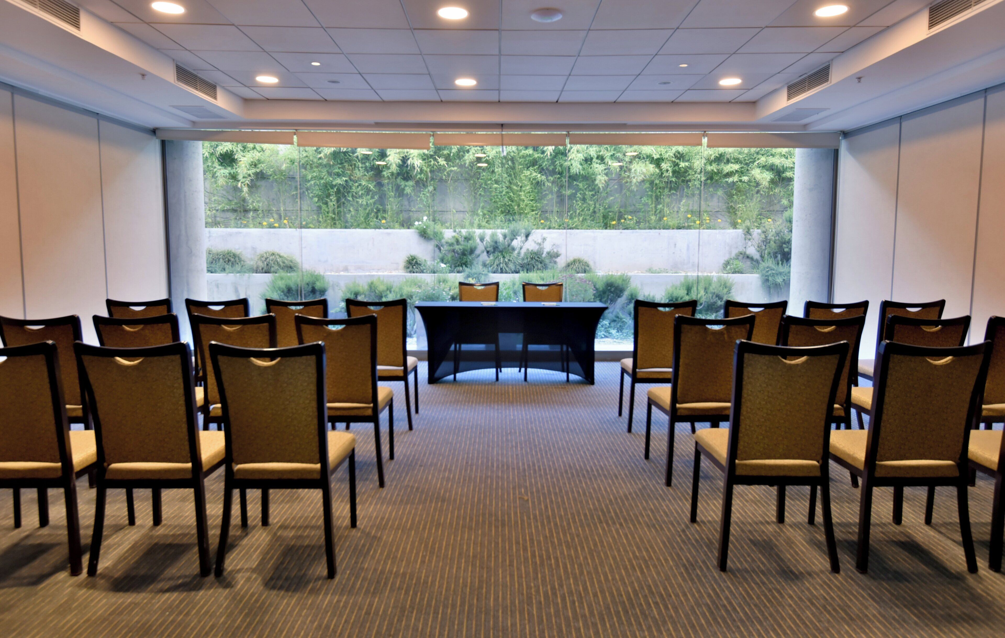 Un salón de conferencias con filas de sillas orientadas hacia una mesa, ventanas amplias con vistas a zonas verdes e iluminación empotrada en el techo.