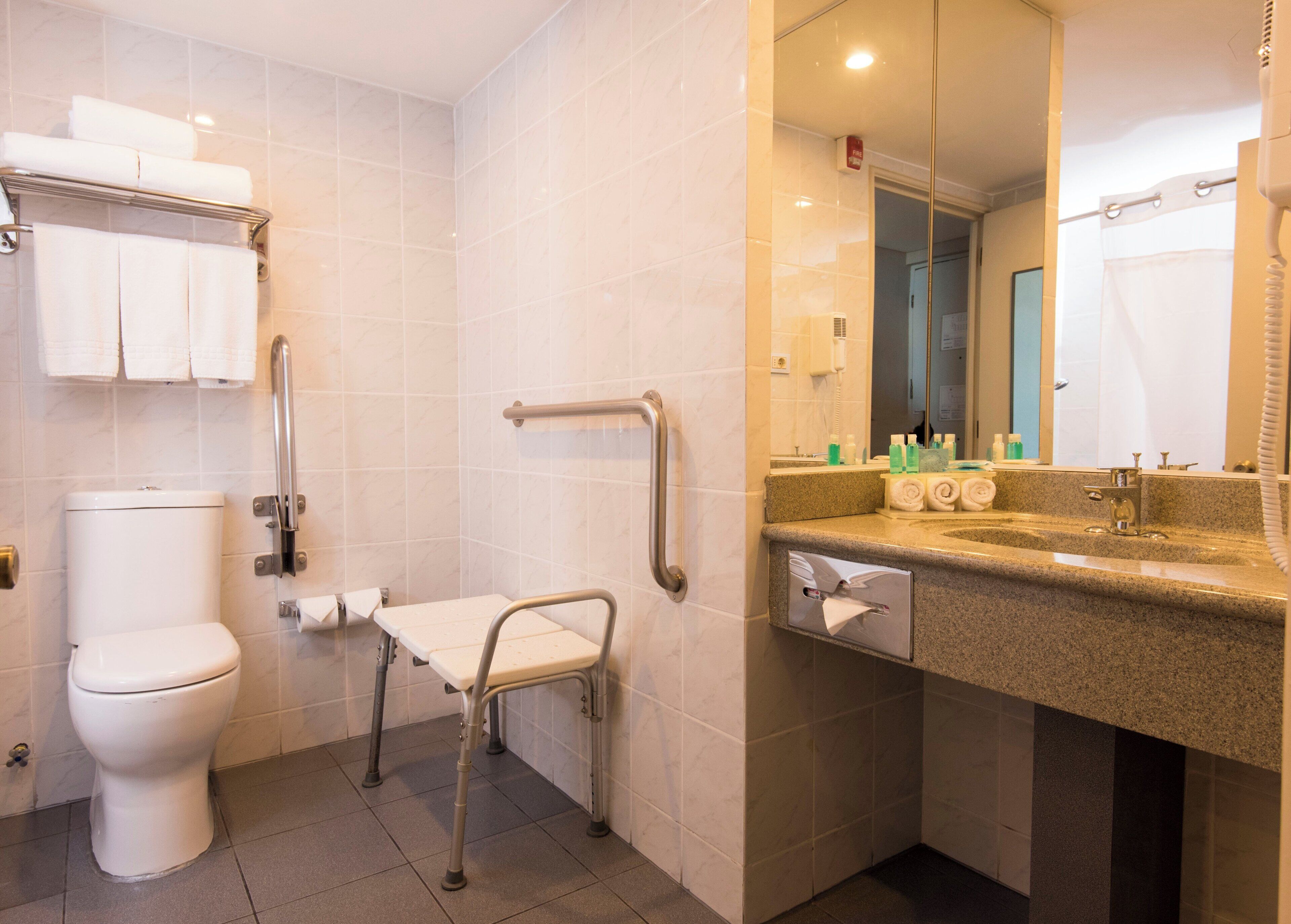 Une salle de bain équipée de toilettes, d’une barre d’appui, d’un lavabo et d’un miroir.