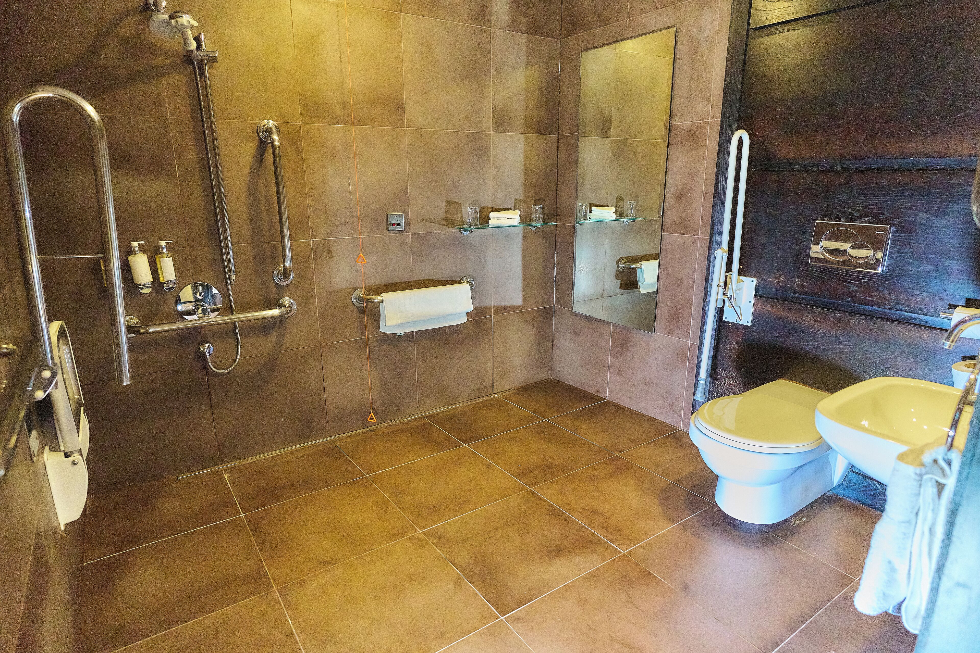 A bathroom with a shower, toilet, and sink, equipped with grab bars and a towel rack.