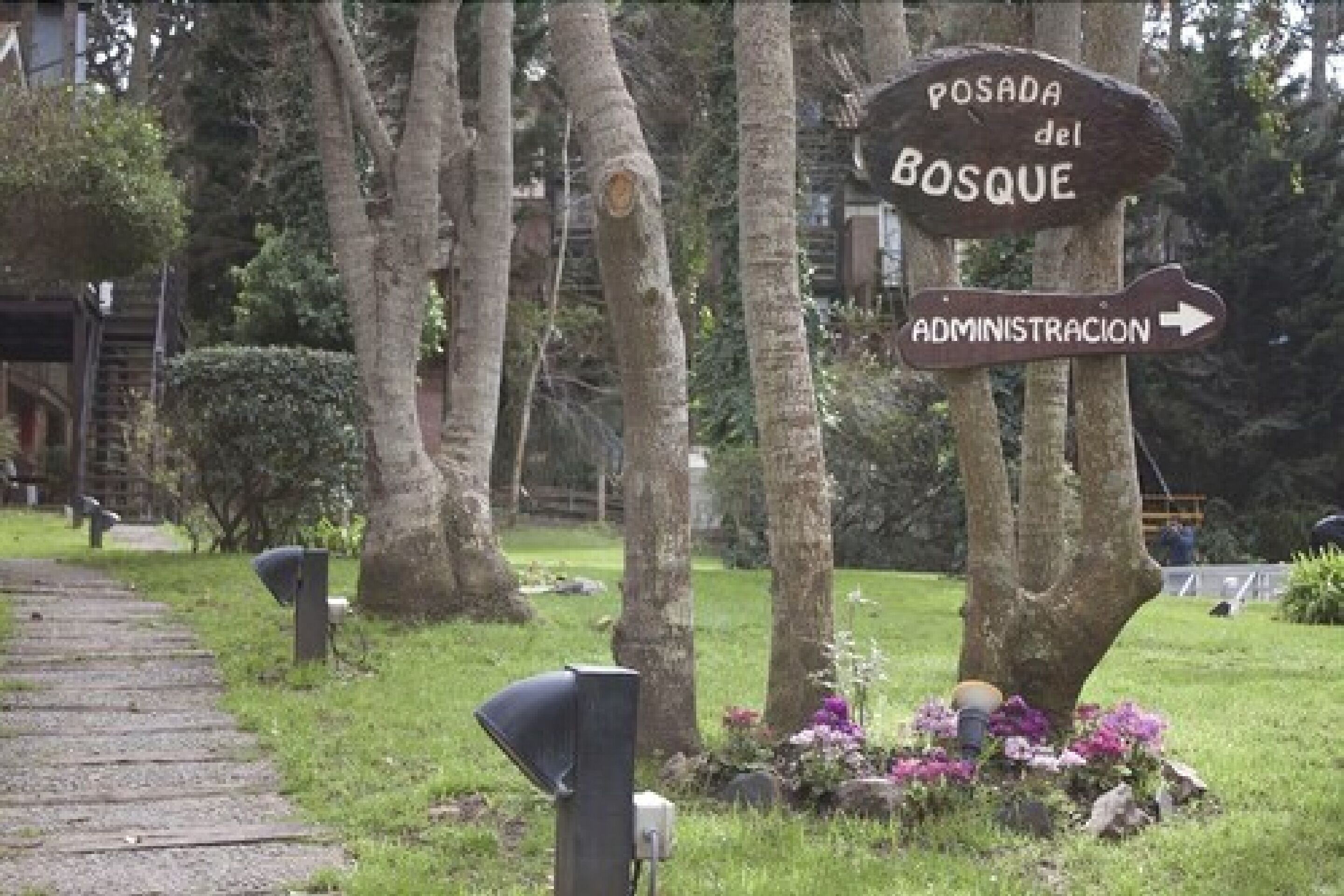 A signpost with 'POSADA del BOSQUE' and 'ADMINISTRACION' directions.