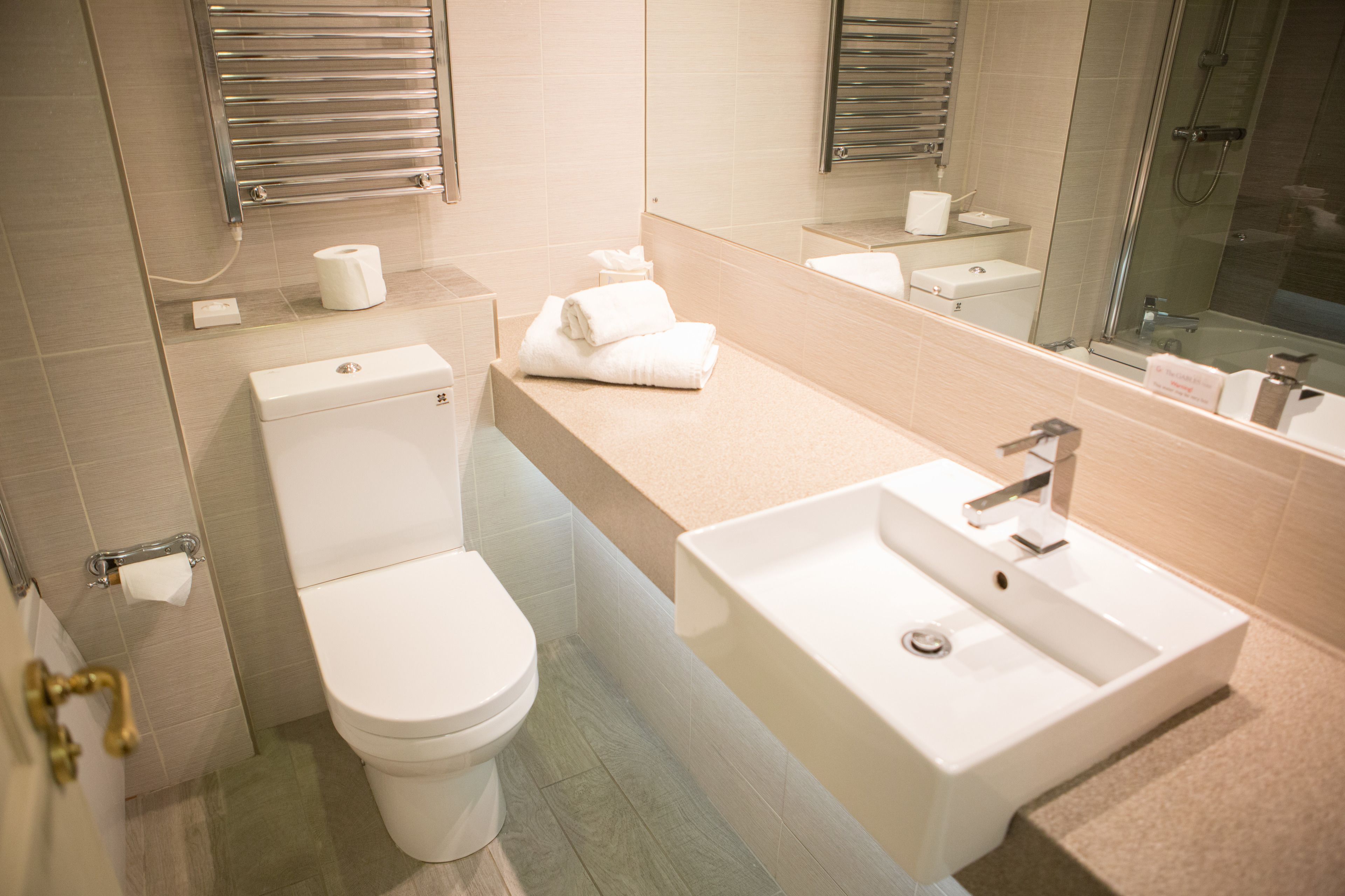 combined shower/bathtub, free toiletries, hair dryer, towels